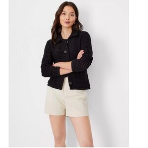 Ann Taylor Geo Open Crochet Stitch Collared Cardigan Sweater Jacket Black Size S